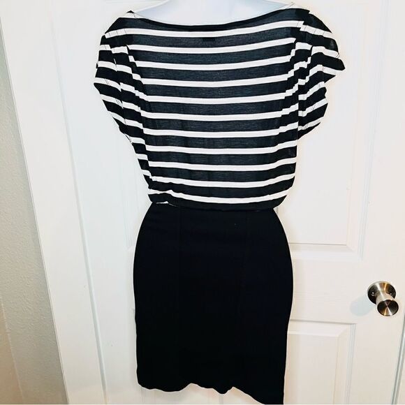 French Connection Stripe Twofer Mini Dress Dolan Half Sleeve Pleated Black 0 - Picture 6 of 8